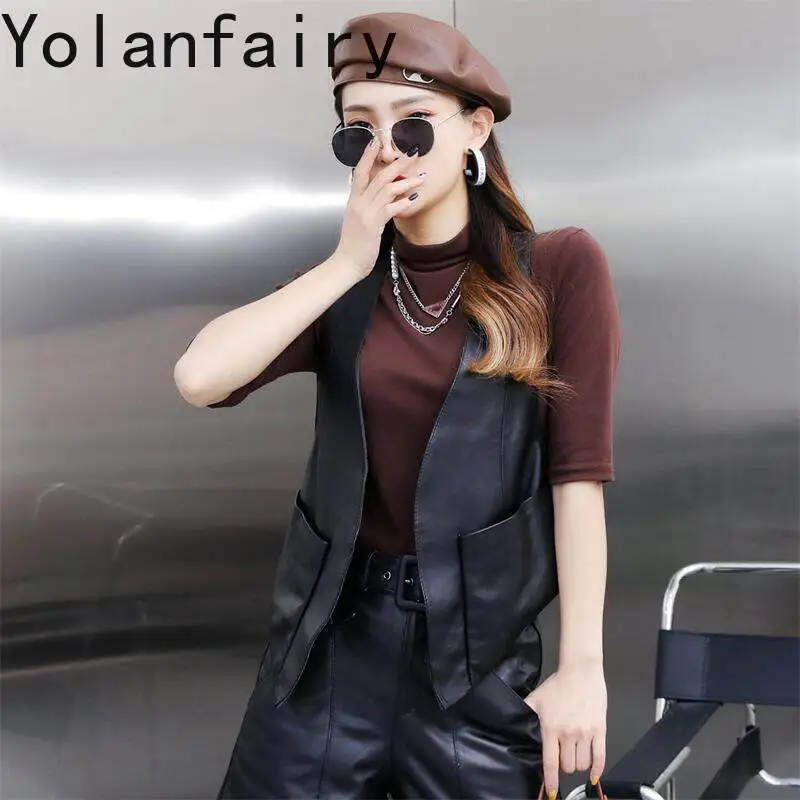 YOLANFAIRY New Autumn Women Short Black Genuine Sheepskin Vest Sleeveless Open Front Slim Fit Big Pockets Real Leather Waistcoat
