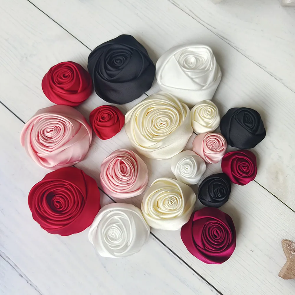 10Pcs 6.5CM/4.5CM/3CM Satin Rose Fabric Artificial Flower For DIY Headwear Accessories Wedding Dress Clothing Decoration