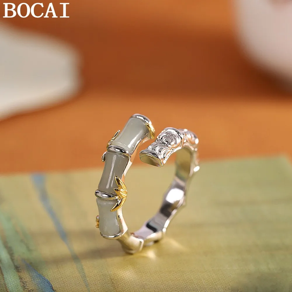 

BOCAI NEW S925 Silver Fashion Niche Inlaid With Hotan Jade Bamboo Ring Lady Gift