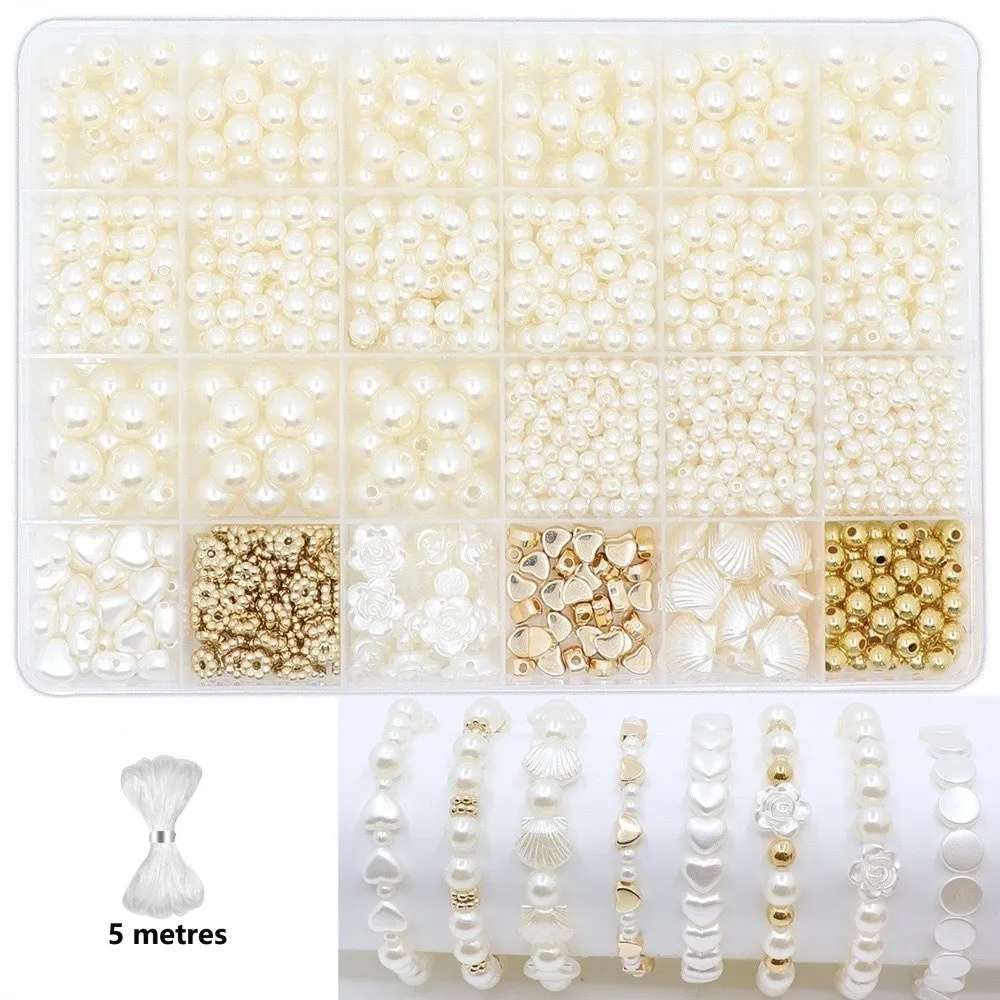 1890pcs Round Shape Pearl Beads Set 4/6/8/10/12mm Size White DIY Bracelet Beads with Gold Beads Jewelry Making Beads