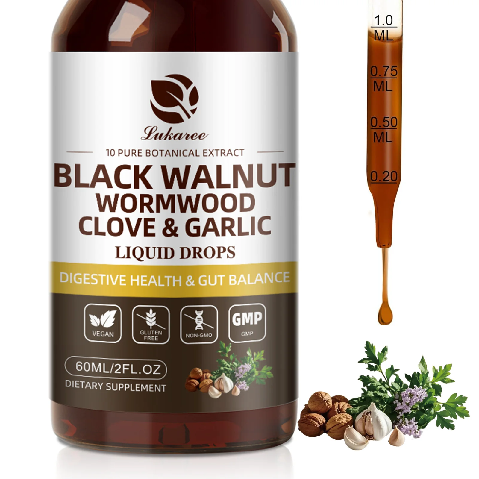 Natural 60ML Black Walnut Drop with Wormwood Clove & Garlic Support Digestion and Immune Health, Detoxify the Body Antioxidant