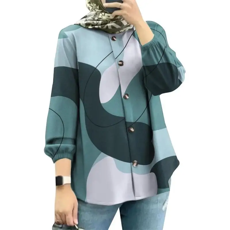 2025 Summer Fashion Muslim Blouse For Women Simple Style Striped Pattern Button Design Easy To Match