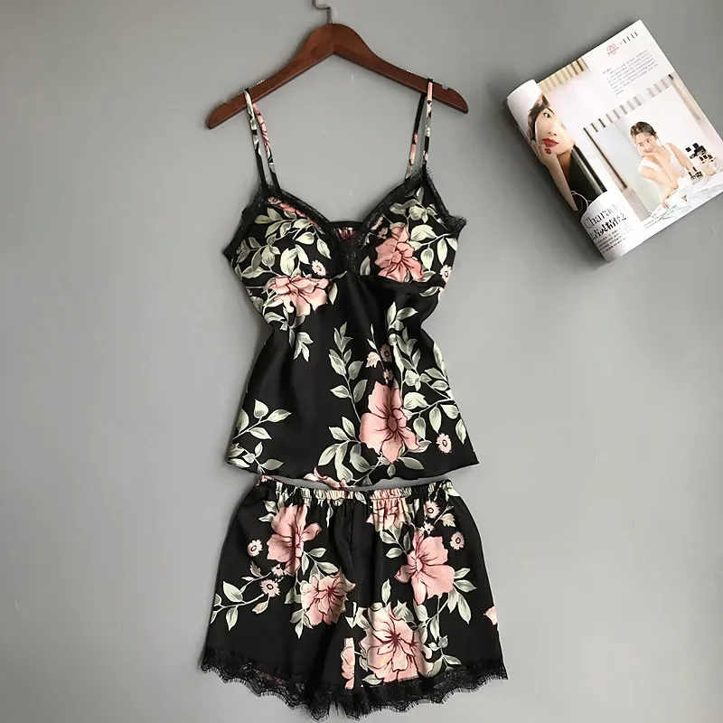 

Summer Pyjama Spaghetti Strap Printing Lace Sexy Women Pajamas V-Neck+Breast Pad Femme Fashion Flower Pajamas Suit