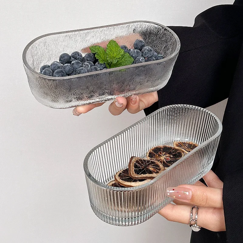

Glass Snack Fruit Plate Ins Style Simple Oval Glass Bowl, Household Snack Plate, Creative Snack Salad Dessert Bowl