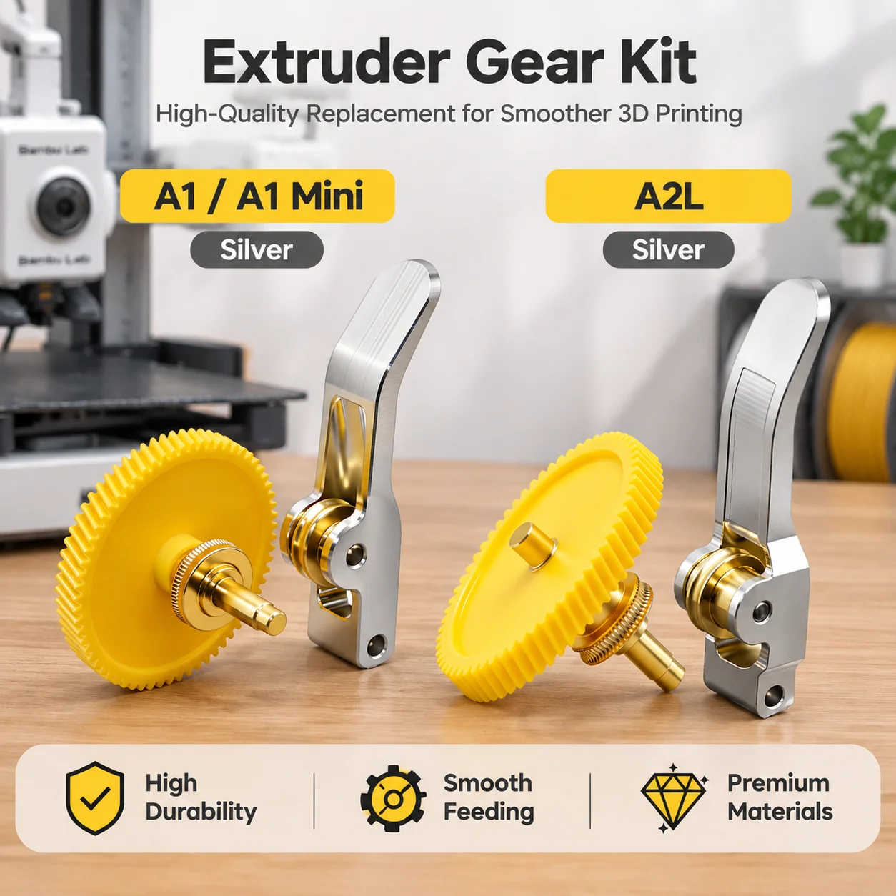 For A1 A1 Mini A2L Extruder Gear Assembly Silver Aluminum Alloy Lever + Yellow POM Gear Kit 3D Printer Upgrade Replacement Parts