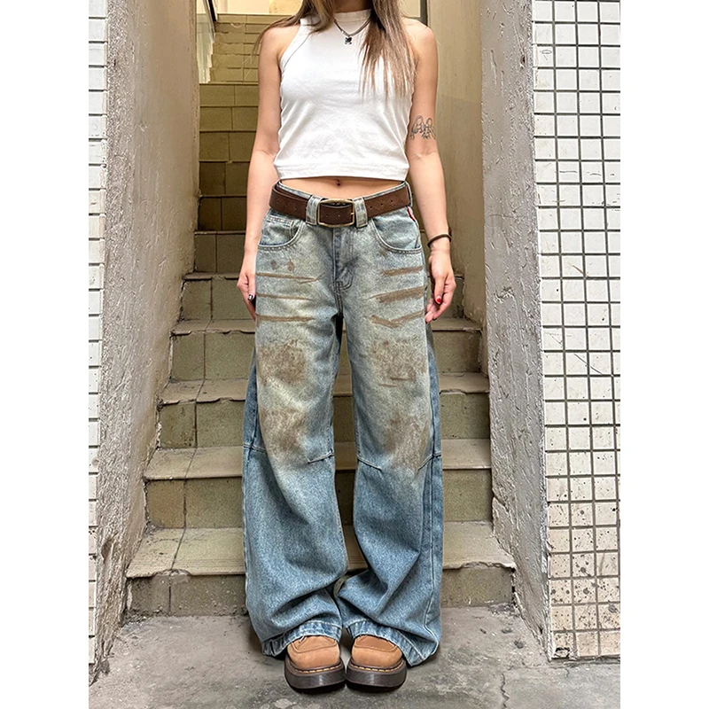 Women American Vintage Y2k Japanese Harajuku Streetwear Baggy High Rise Denim Pants Long Trousers 2000s 2024 Autumn Blue Jean