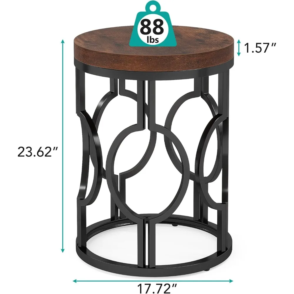 Round End Table, Industrial SideTable with Metal Hollow Frame, Small Bedside Table Nightstand for Living Room, Bedroom, Easy As