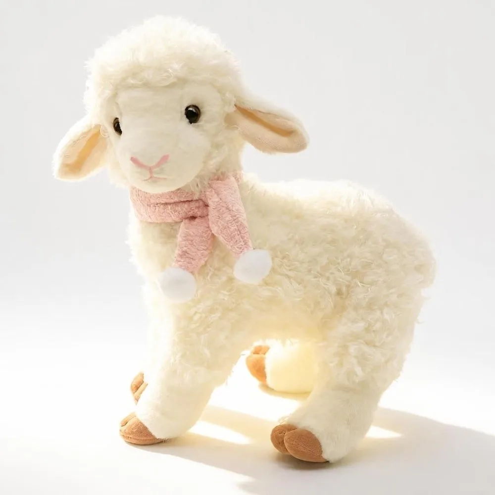 Soft 26cm 31cm Standing Sheep Pink Scarf White Pompom Soft Curly Fur Animal Soft Curly Fur Standing Design Sheep Room Decor