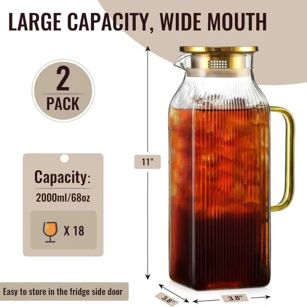 2L Ribbed Glass Water Pitcher with Lid High Borosilicate Glass Teapot Jug Heat Resistant Transparent Cold Water Glass Kettle