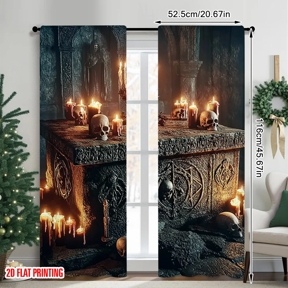 2pcs 2D flat printing Merry Christmas Popular Window Curtains ancient altar Durable 100% Polyester Fabric Without Electricity