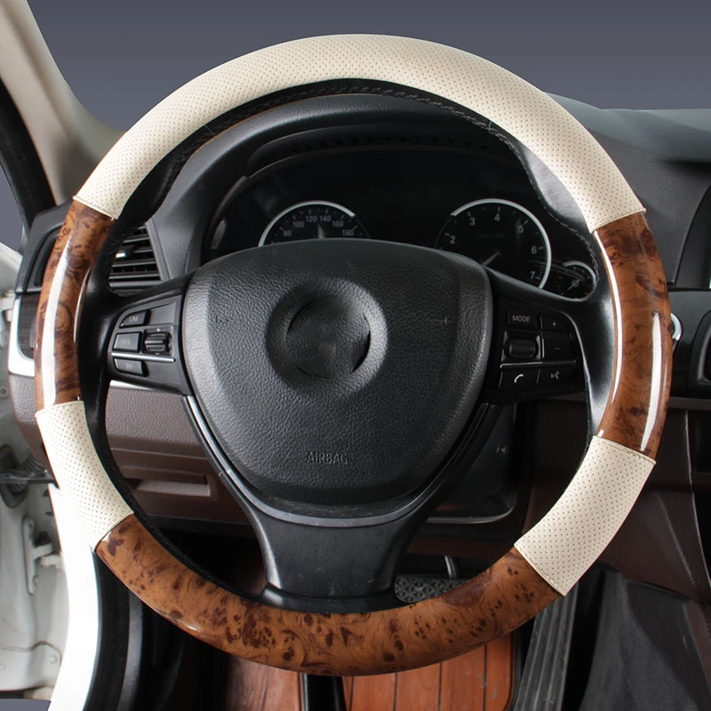 Universal Car Steering Wheel Cover Spliced With Leather and Crystal Wood Grain Non-slip and Wear-resistant 37-38cm Four Colors