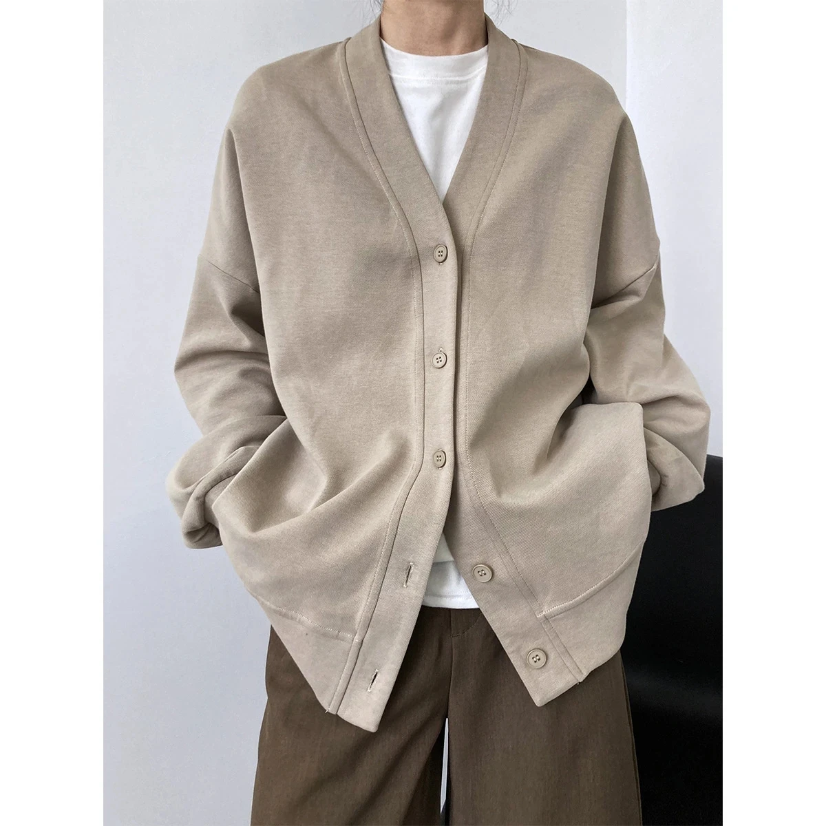 

Casual V-neck Cotton Sweatshirt Coat Women 2023 New Spring Autumn Loose Lazy Folded Knitted Cardigan Female Knit Outwear Jacket