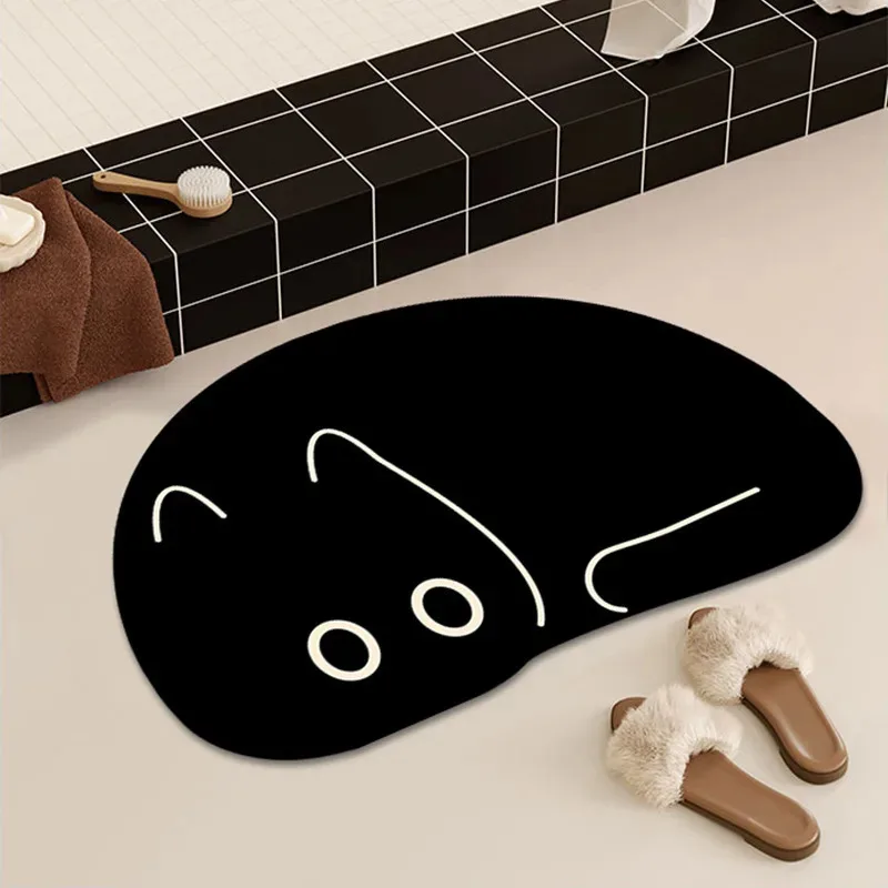 Alfombrillas de Baño de Secado Rápido con Diseño de Gato Negro, Alfombrillas Absorbentes para Baño y Bañera con Base de Goma Antideslizante, Tamaño Pequeño