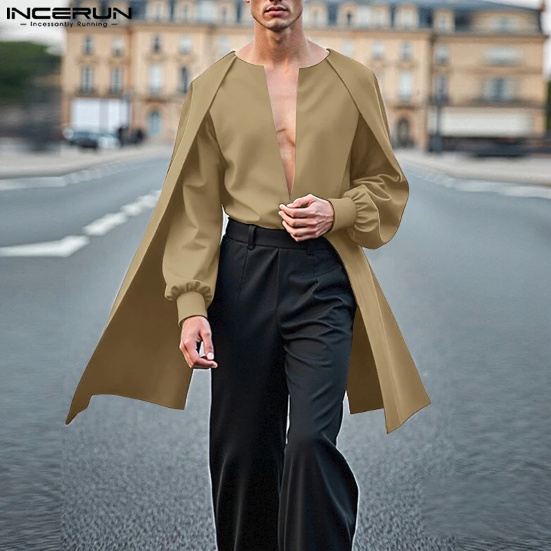

INCERUN Мужская рубашка нестандартной формы, однотонные пончо с v-образным вырезом и длинными рукавами, плащ, топы, мужская уличная одежда, свободные модные повседневные рубашки Camisas