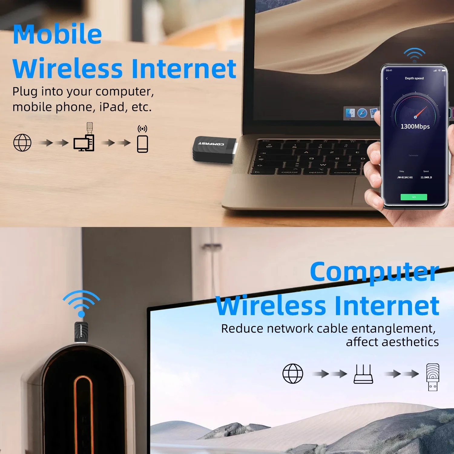 Comfast 1300Mbps USB3.0 Wifi 어댑터 802.11AC 2.4G/5GH... - 5