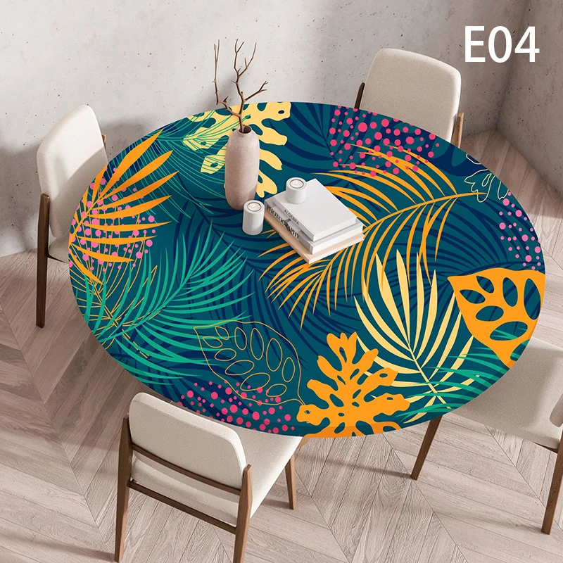 60/90/100/120cm Elastic Round Table Cover Home Dining Room Decor Plant Printing Waterproof Stain-Resistant Tablecloth