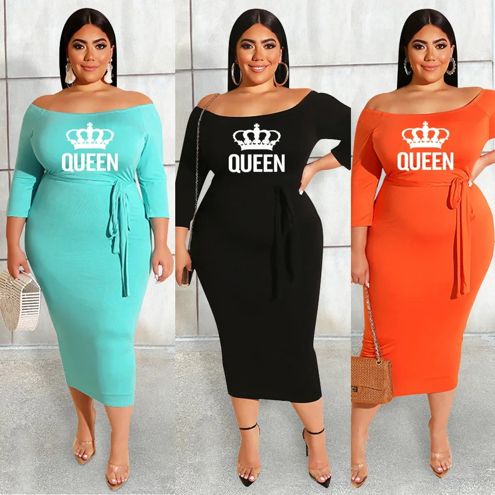 Plus Size Plus Size Damen Off-The-Shoulder-Kronendruck Gürtelkleid Europäischer und amerikanischer Stil Modischer langer Rock für...
