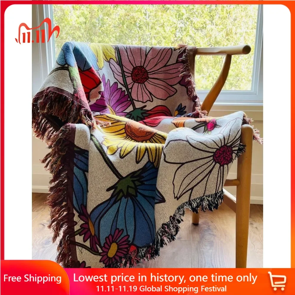 

Boho Floral Handmade Decorative Blanket for Couch Bed Wall Hanging Tapestry Home Decor Housewarming Gift