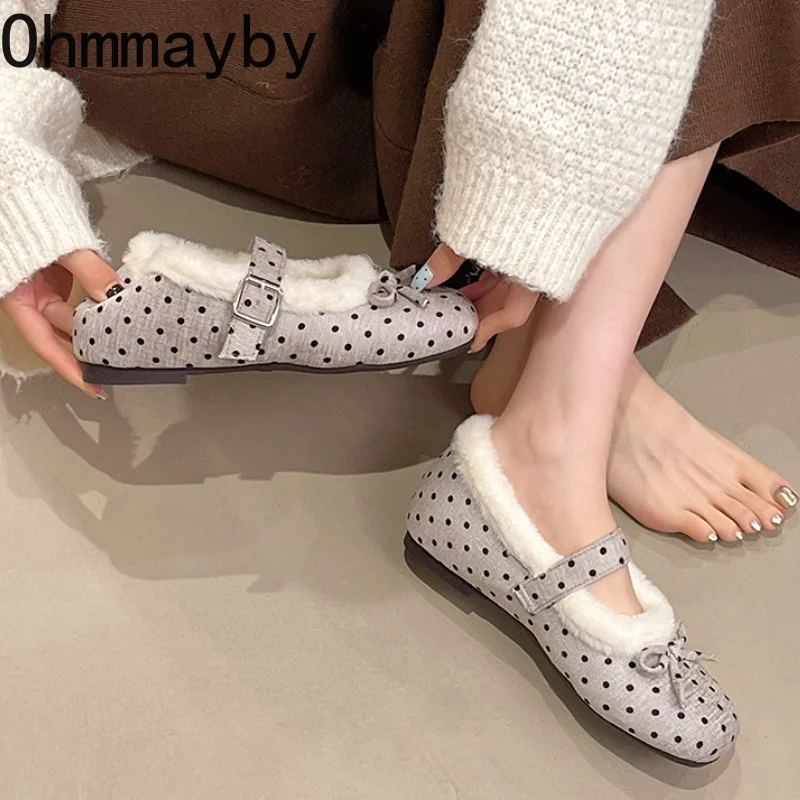 Internal Elevation Women Square Toe Mary Jane Shoes Polka Dot Strap Casual Flat Shoes Ladies Winter Warm Short Plush Dress Shoes - view 5