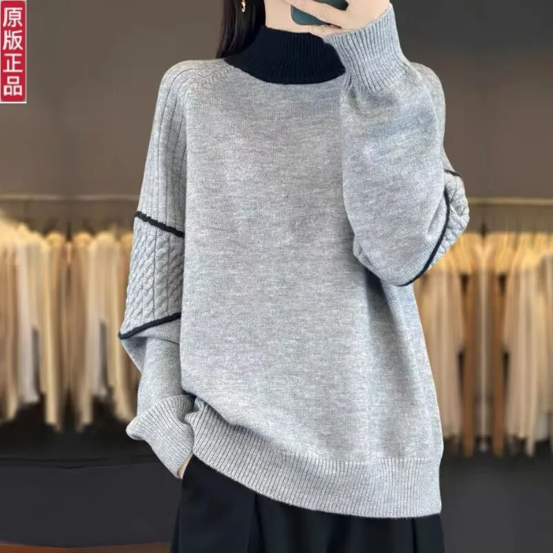Women Color Block Half Turtleneck Sweater Cable Knit Long Sleeve Loose Casual Pullover Jumper