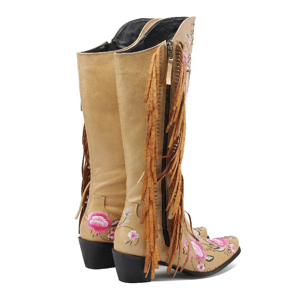 Fashion Embroidery Flower Western Knee High Boots Women Pointed Toe Block Heel Black Brown Tassel Retro Zipper Cowboy Long Boots