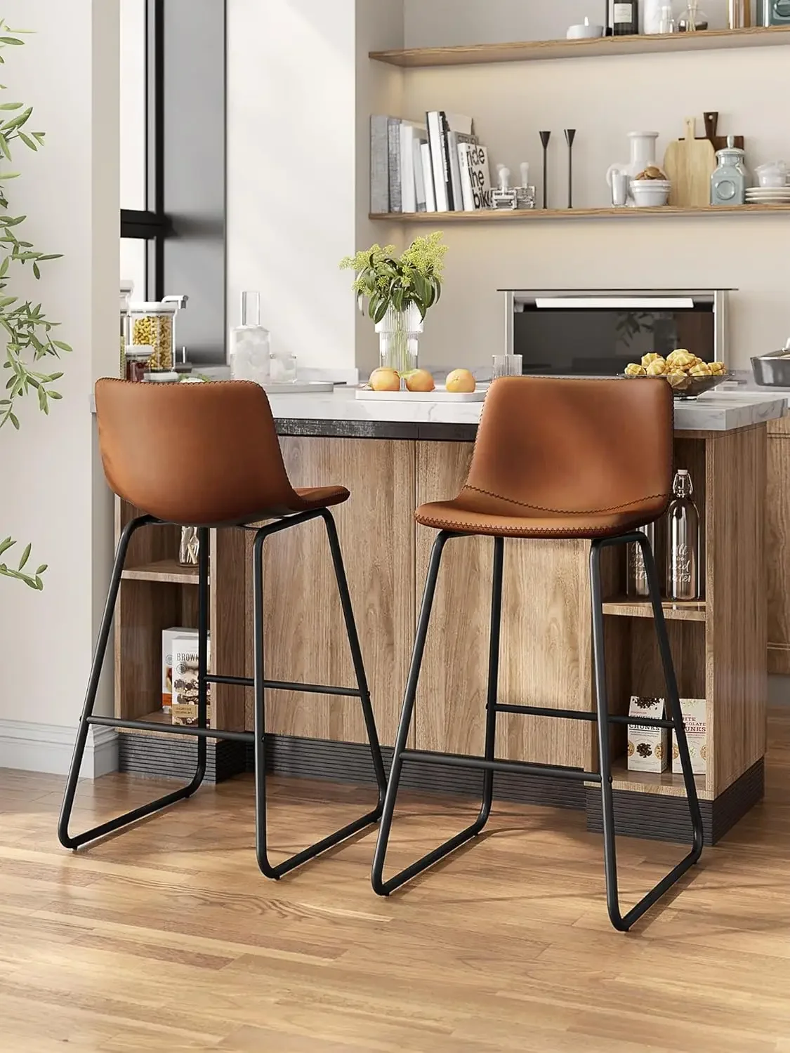

Bar Stools with Back, Modern Faux Leather Barstools with Metal Legs and Footrest, Bar Chairs for Kitchens Island (Dark Brown)