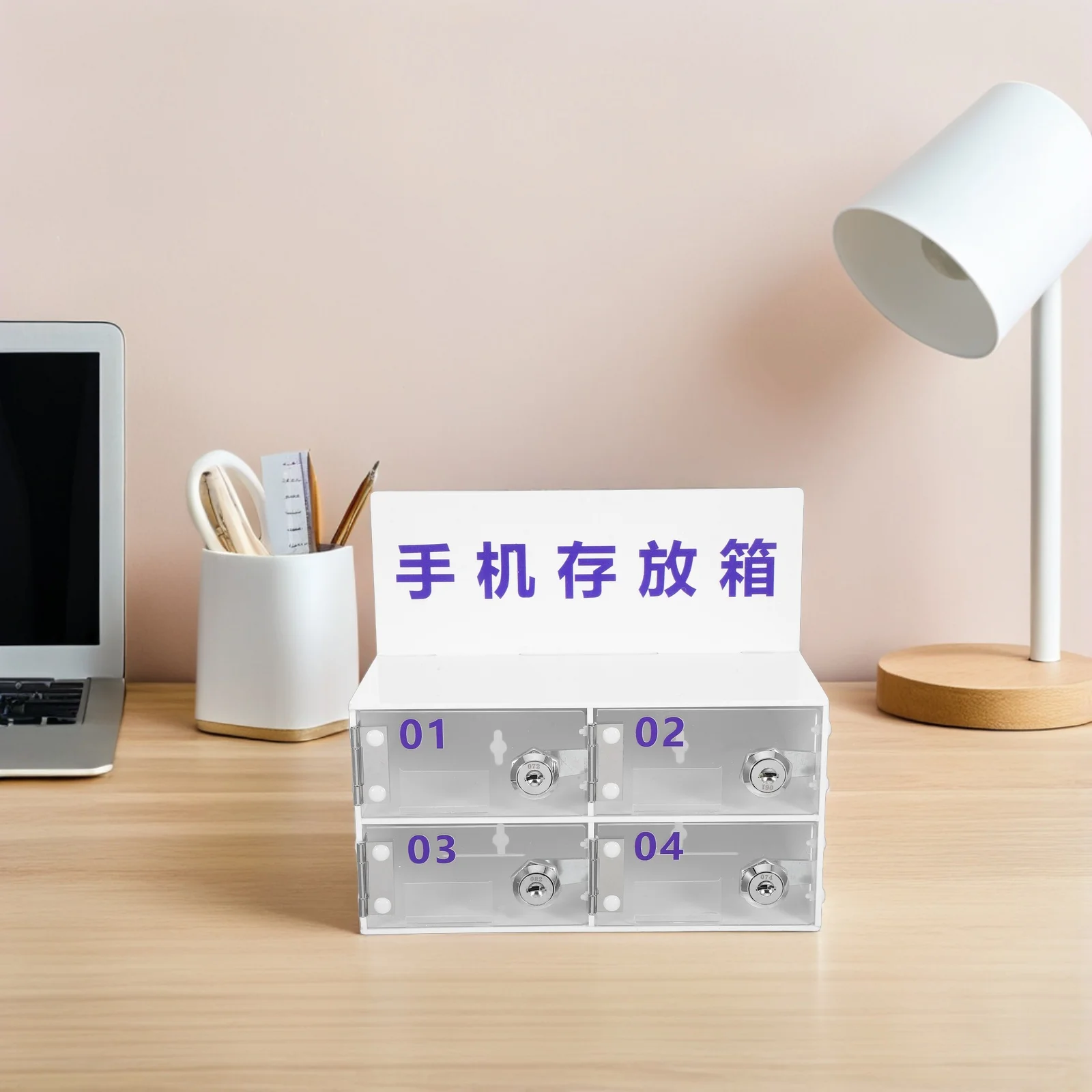 Phone Storage Cabinet 4 Compartment Acrylic Organizer with Lock System for Workplace School Cell Phone Management Container