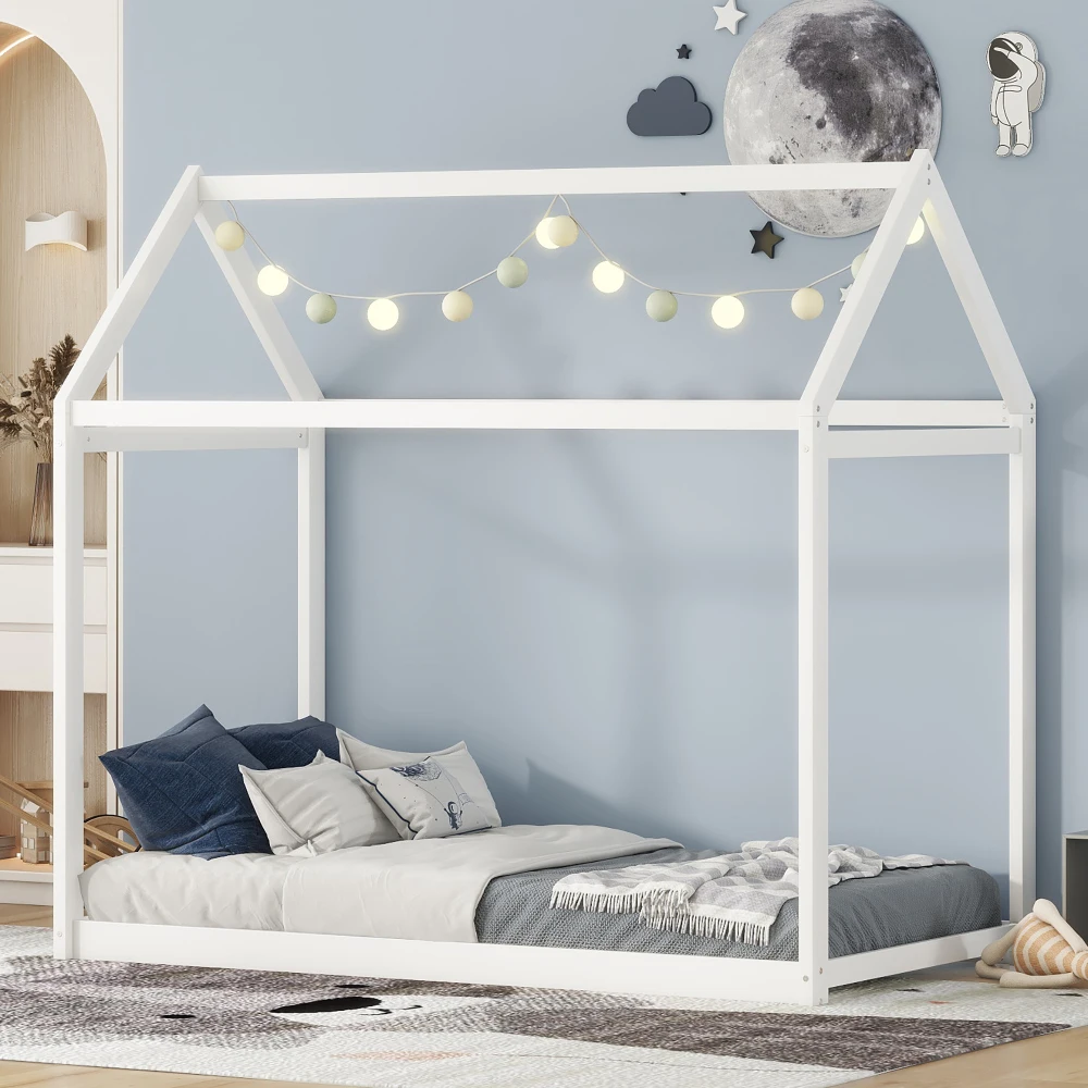 

Twin Size Wooden House Bed, White