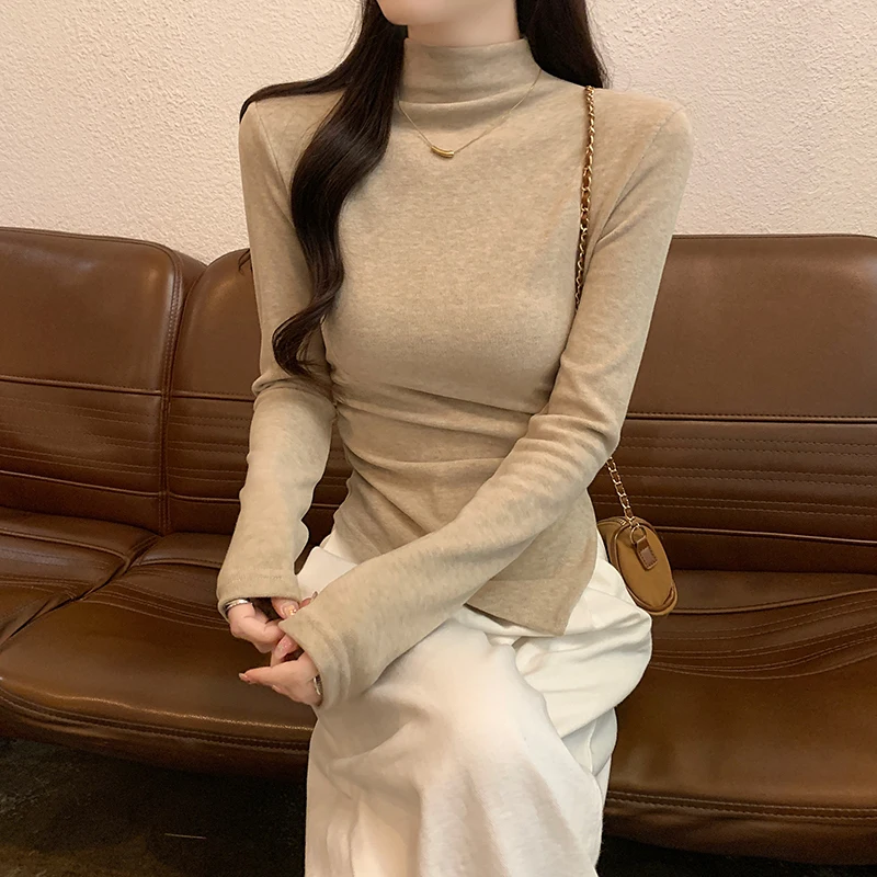 

Футболки с длинными рукавами, хлопковые женские зимние флисовые футболки в рубчик с круглым вырезом, плюшевые, антидеформационные, прочные, городские, практичные, моющиеся, гладкие