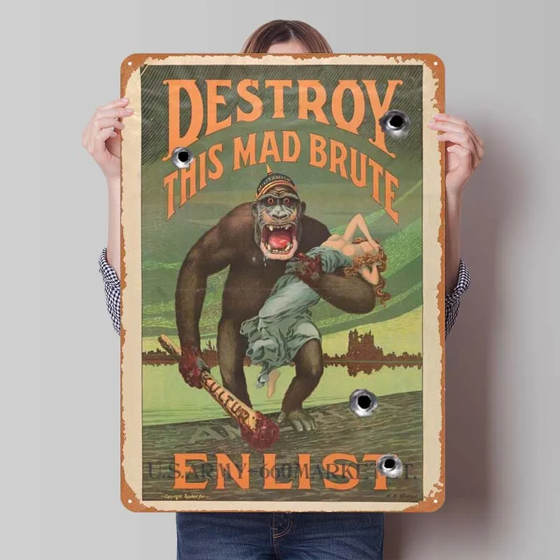 Destroy This Mad Brute Tinplate Sign War Poster Wall Decor Living Room Decor Aesthetics Gamer Room Decoration Man Coffee Corner