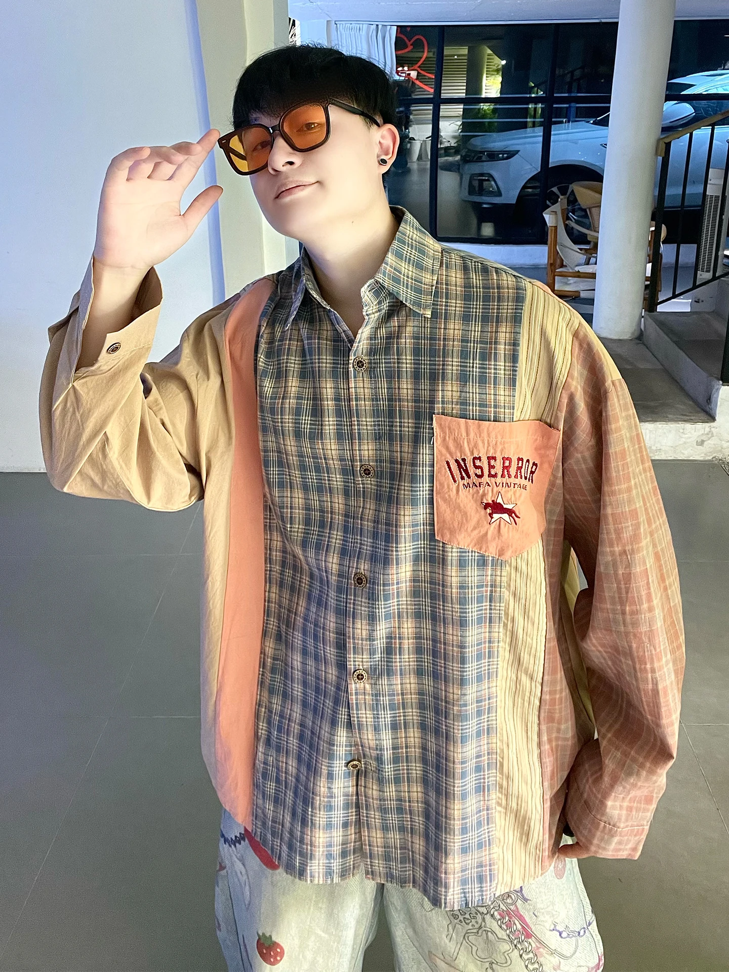 

American Retro Patchwork Color Blo Long Sve irt Loose Design ex id Pattern Couple's Faion Top Cotton Material