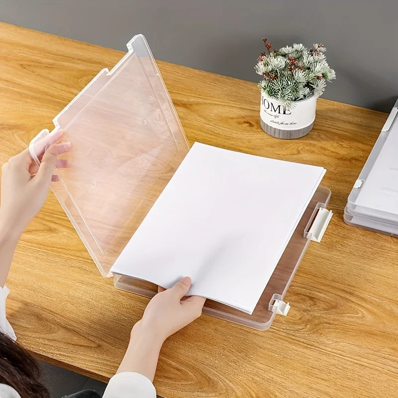 1pc A4 File Storage Box Waterproof And Dustproof Document Data Box Transparent Double Snap Plastic File Box