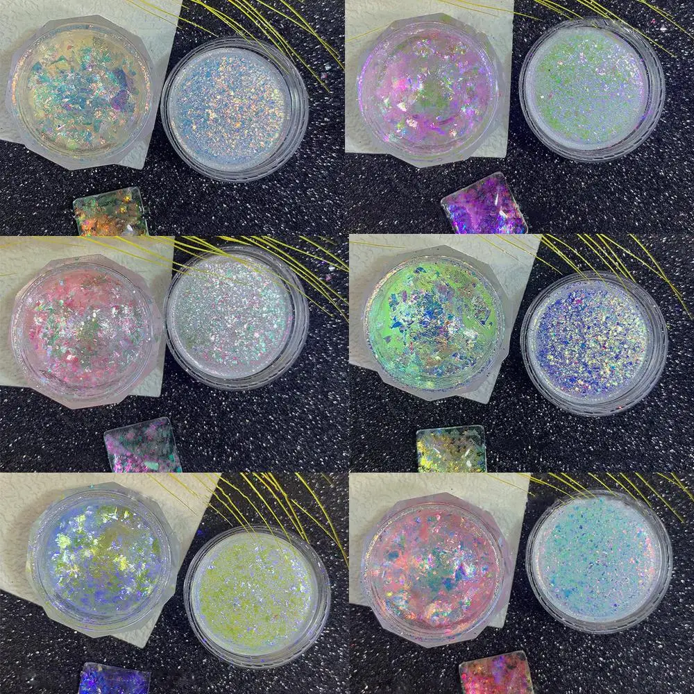 1 jar brilhante sereia opala em pó aurora prego glitter camaleão yuki lantejoulas flocos de opala glitter em pó pigmento ferramentas da arte do prego