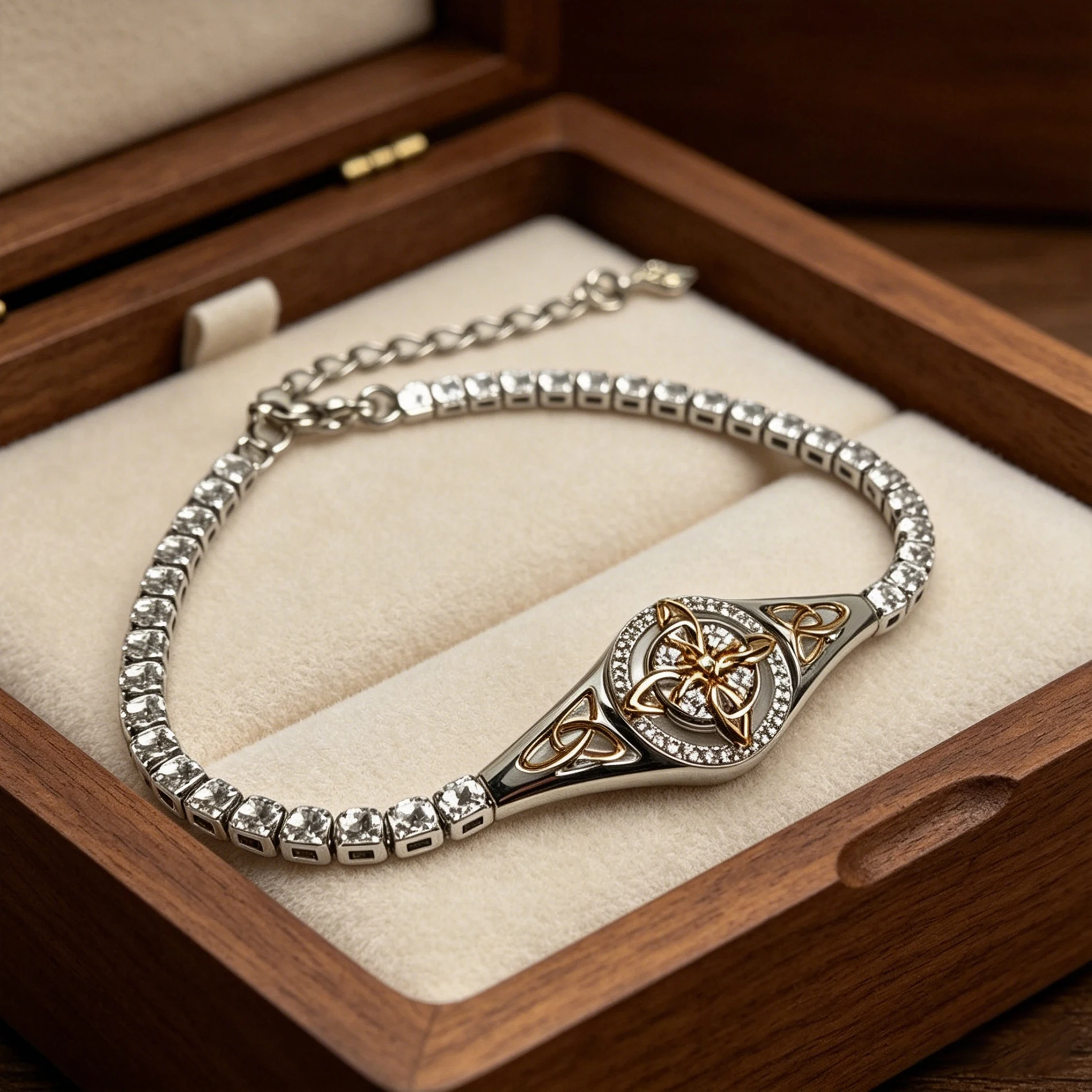 One Piece Adjustable Dual-Tone Celtic Knot Bracelet Filled with Sparkling Zirconia Tennis Style Vintage Luxury Shiny for Daily C