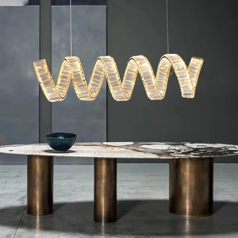 

Nordic Luxury Design W-shaped Gold Crystal Chandelier lustre Brass Hanging Wire Height Adjustable Ceiling for Kitchen Island