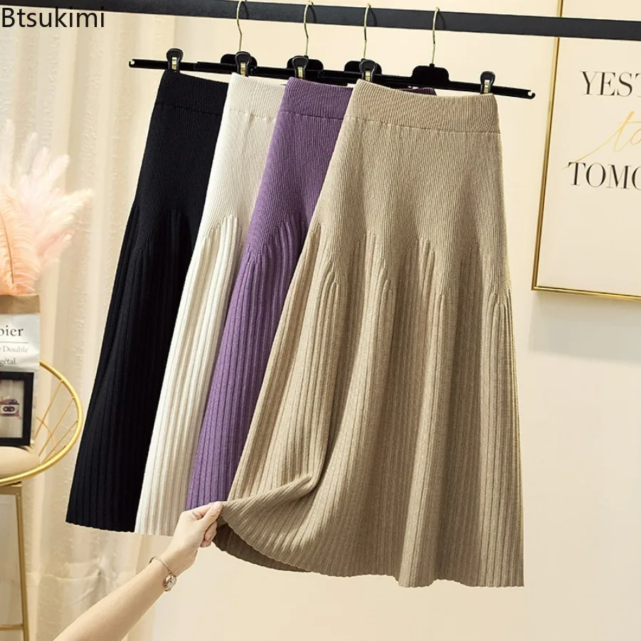 

Женская утепленная вязаная юбка с высокой талией, шерстяная юбка средней длины, универсальная трапециевидная длинная юбка на осень и зиму, женские юбки, 2024