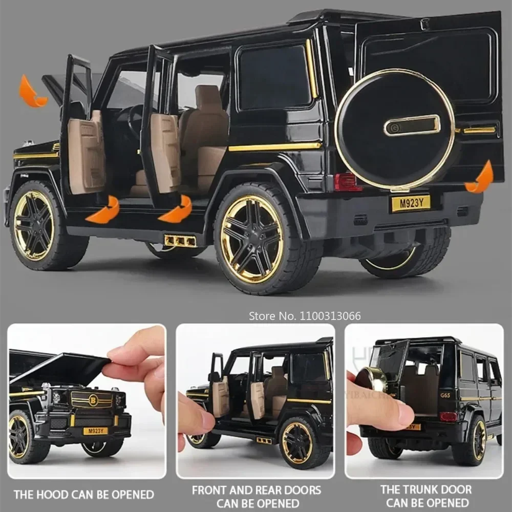 Voitures miniatures Benz G65, échelle 1:24, en alliage moulé sous pression, portes ouvertes, son et lumière, nervures arrière, véhicules tout-terrain, cadeaux pour enfants