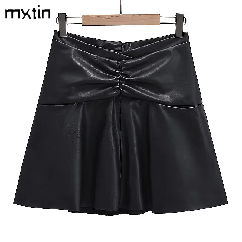 

Women's Autumn Fashion Black Leather Zipper Mini Skirt Vintage Pleated PU Ladies Skirts Korean Dongdaemun High Quality Clothing