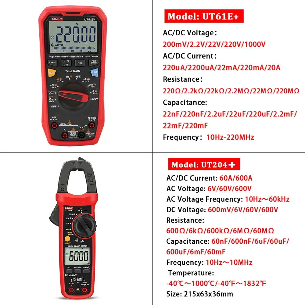 UNI-T UT210E UT204 + UT202A + UT107 + UT890C UT61E + المشبك متر المتعدد عدة مجموعة أدوات اختبار كهربائي محترف