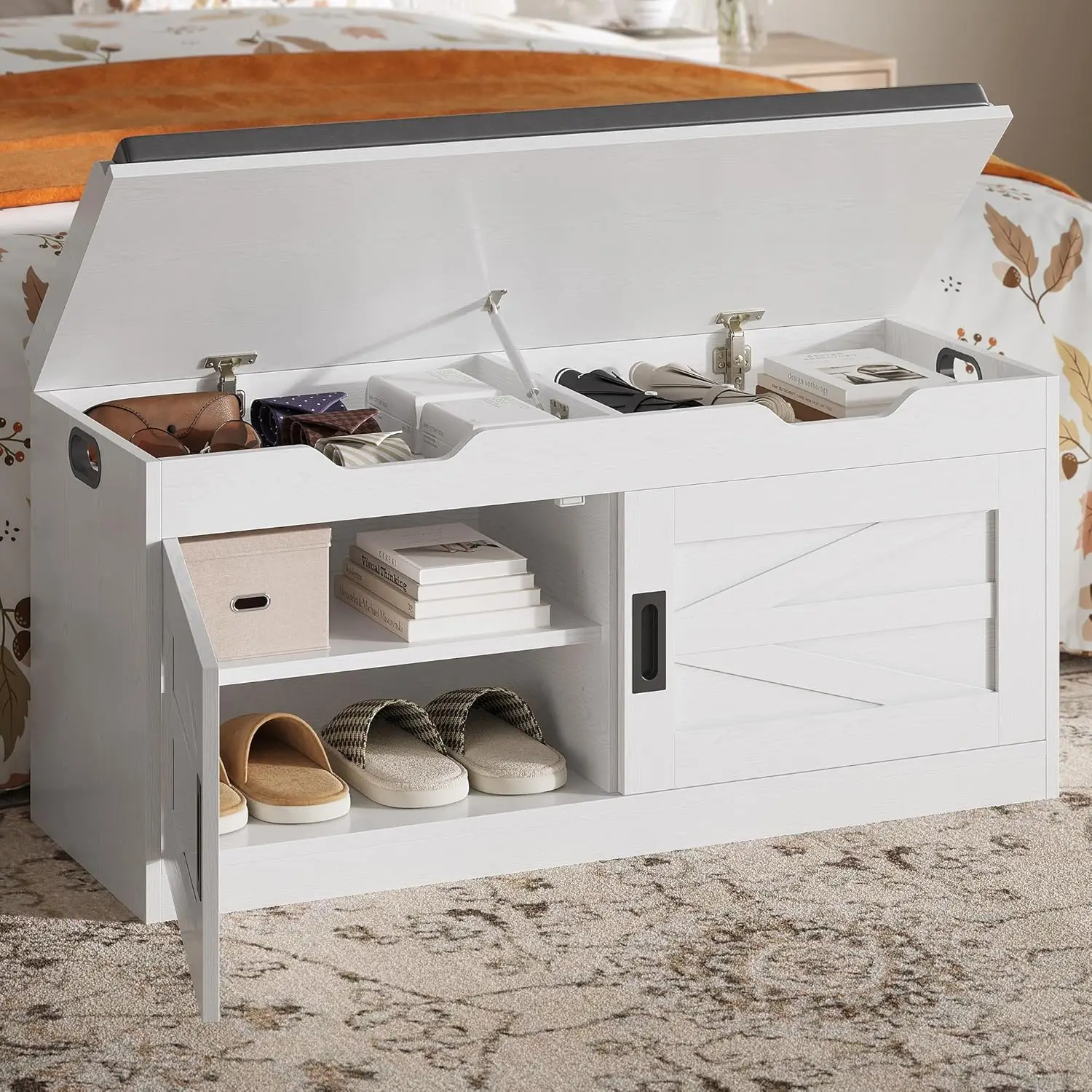

Скамья для обуви с подъемной крышкой для хранения, 42,4-дюймовая скамья для прихожей с широким мягким сиденьем, скамья для изножья кровати с регулируемой, настраиваемой высотой