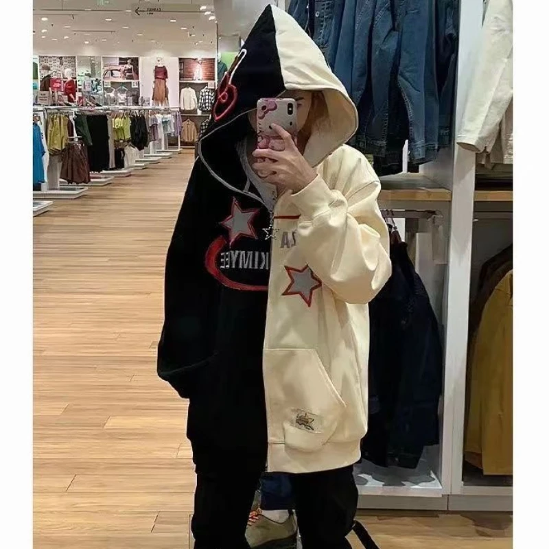 

American Retro Star Embroidered Cat Women Color Block Cardigan Hooded Hoodie Instagram Fashion Loose Design Coat sweatshirt
