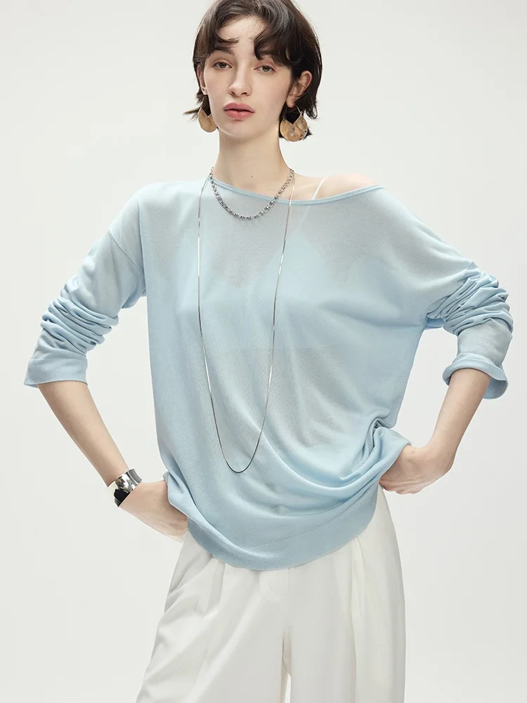 

SVLI Women's Casual Sle Silk Blend Knitted Long Sve Loose Fit Top Breathable Lightweight Spring Summer T-irt