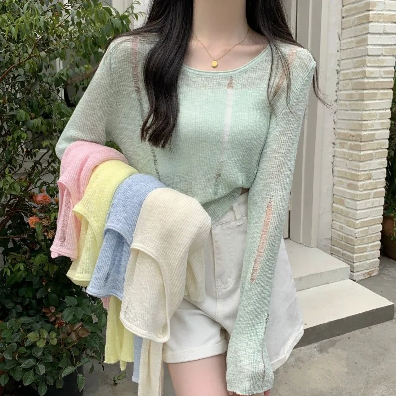 

Thin Hollow Out Knitted Long Sleeved T-shirt 2025 Summer New Top for Women Y2k O-neck Long Sleeve Sun Protection Coat Sweater