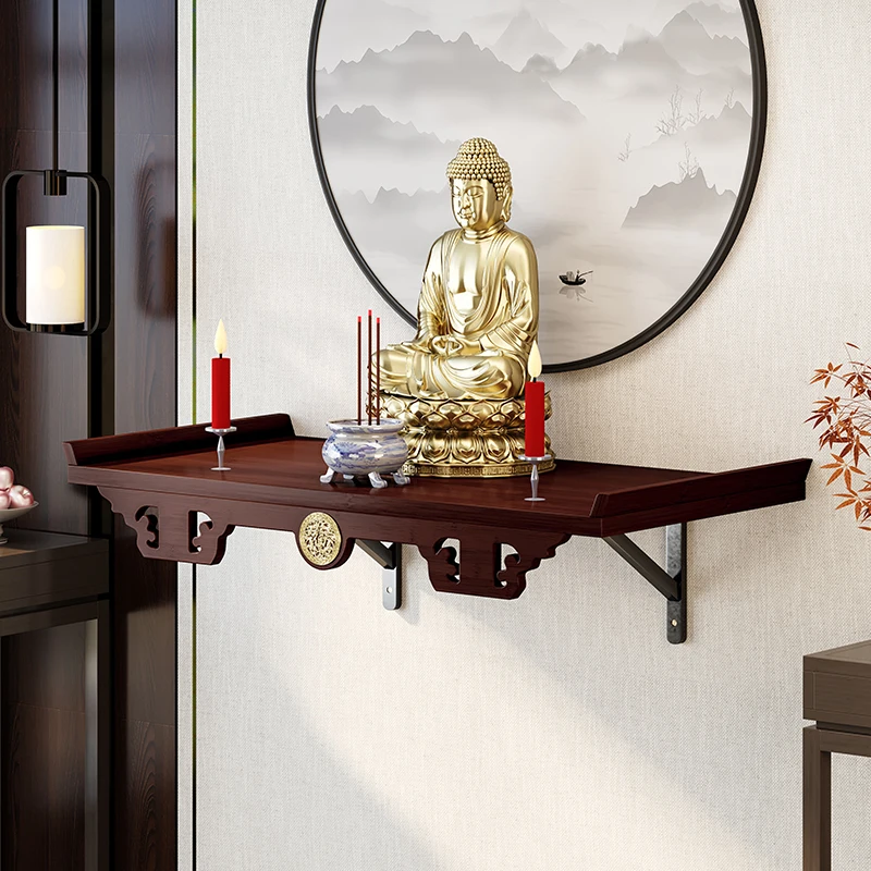 

Wall-Mounted Buddhist Altar Cabinet Shrine with Incense Shelf for Guanyin & God of Wealth Compact Home Temple Offering Platform