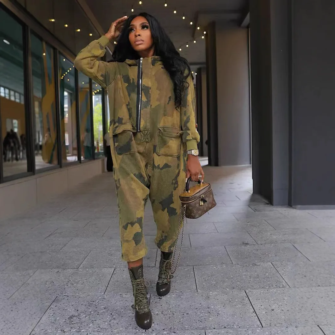 Casual Hooded Camo Jumpsuit Women One Piece Outfit 2024 Autumn Winter Street Pocket Pant Female Bodycon Luxury Elegant Jumpsuit