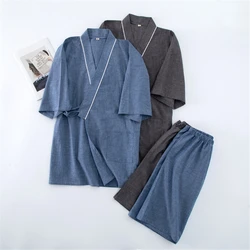 New Men's Shorts Pajamas Suit for Summer Short-sleeved Shorts Cotton Simple Japanese Style Kimono Pijama Mens Sleepwear Home Set