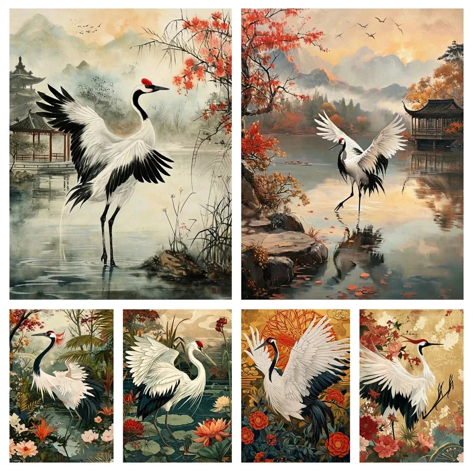 New 5D Diamond Painting Red-Crowned Crane Scenery Full Round Square Mosaic Embroidery Chinese Style Wall Art Bird Decor