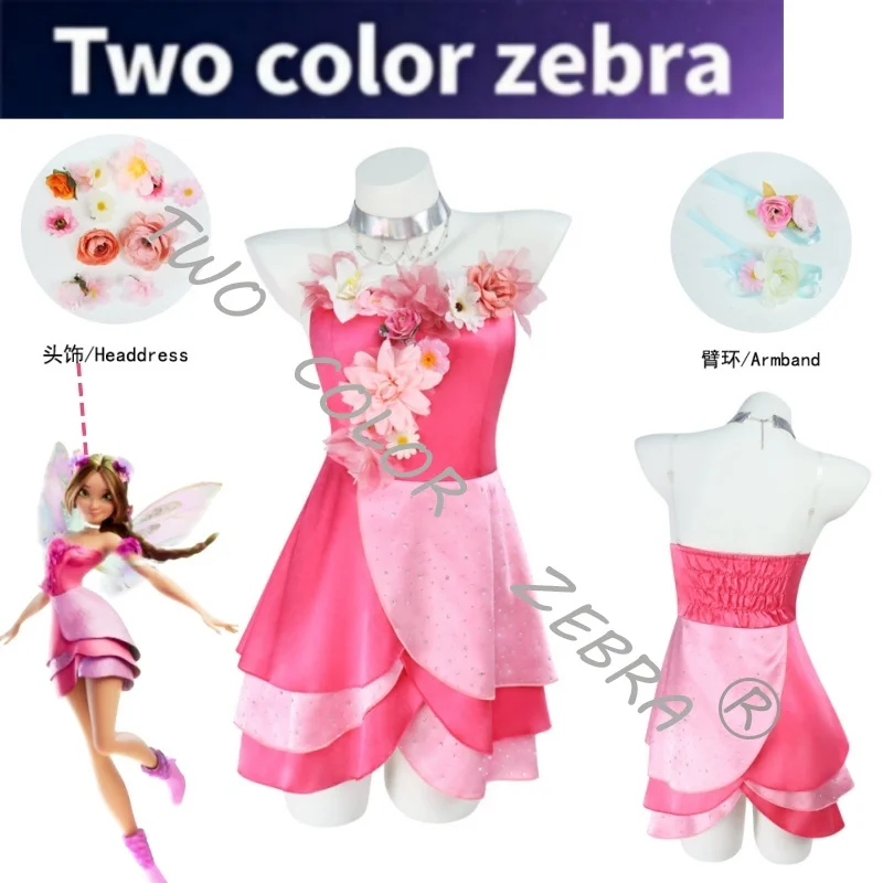 

Magic Princess Flora Cosplay Pink Flower Dress Costume Fairy Roleplay Set for Carnival Halloween Party Stage Perfromance
