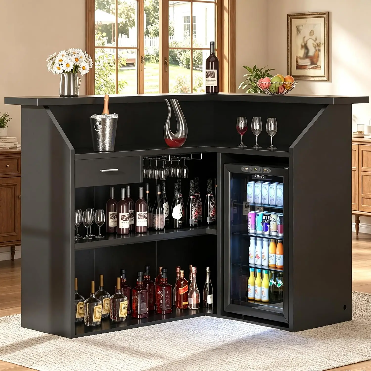 L-Shaped Bar Unit With Fridge Space & Power Outlet, 4-Tier Storage Table, Customized