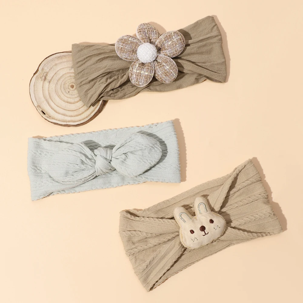 3Pcs/Set Solid Corlor Floral Bow Cute Animal Soft Nylon Headband Cable Knit Newborn Todder Baby Headwear Hair Accessories